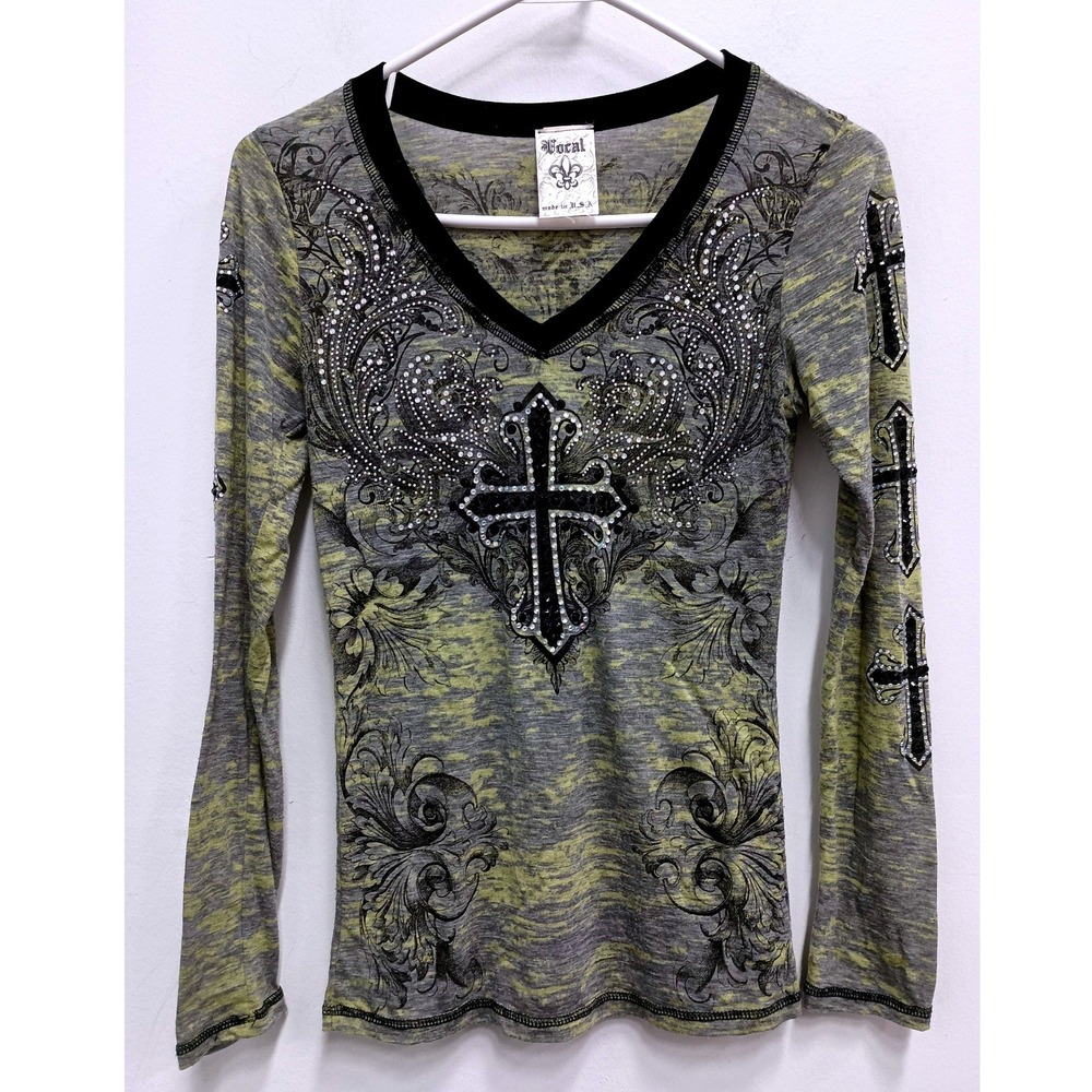 Vocal Y2K Long Sleeve Burnout Top Womens Small Gray Cross Rhinestone Graphic